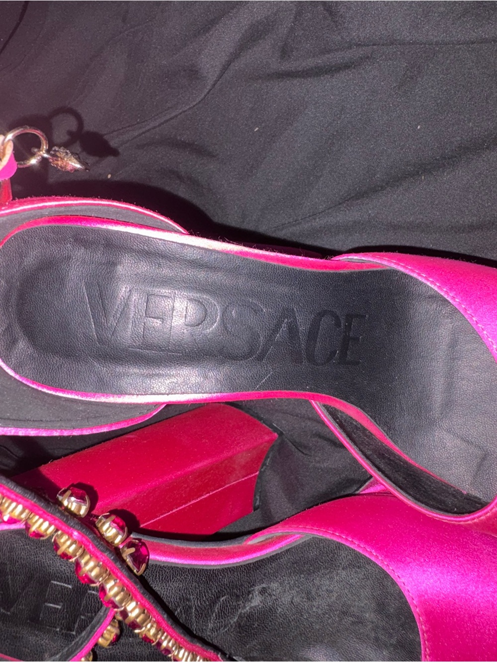Versace Fuchsia Satin Platform Block Heels with Gold Accents - Picture 3 of 3